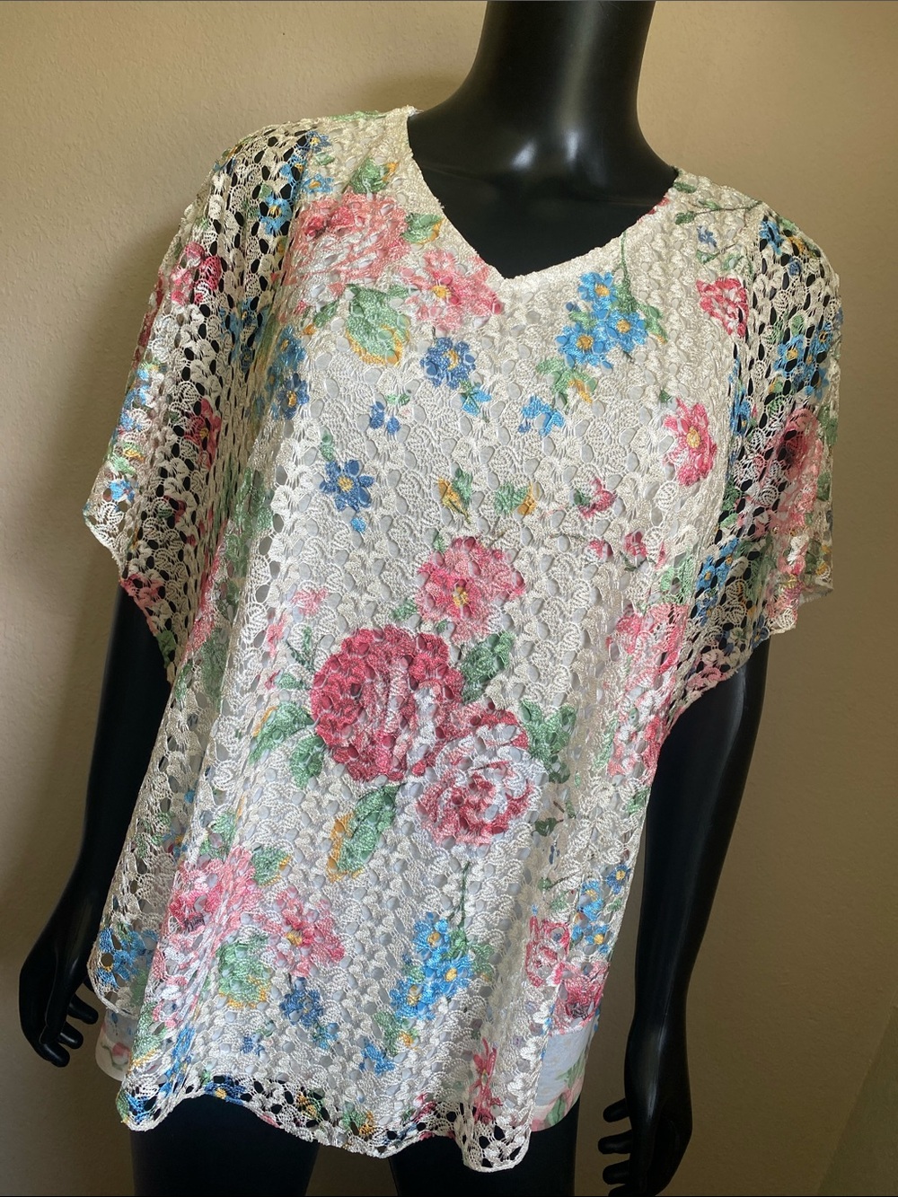 Linda Anderson Floral Lace Overlay Top in White with Pink & Blue Flowers
